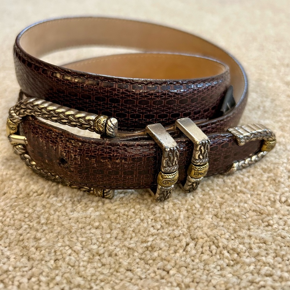 Brighton brown leather belt with gold and silver buckle.